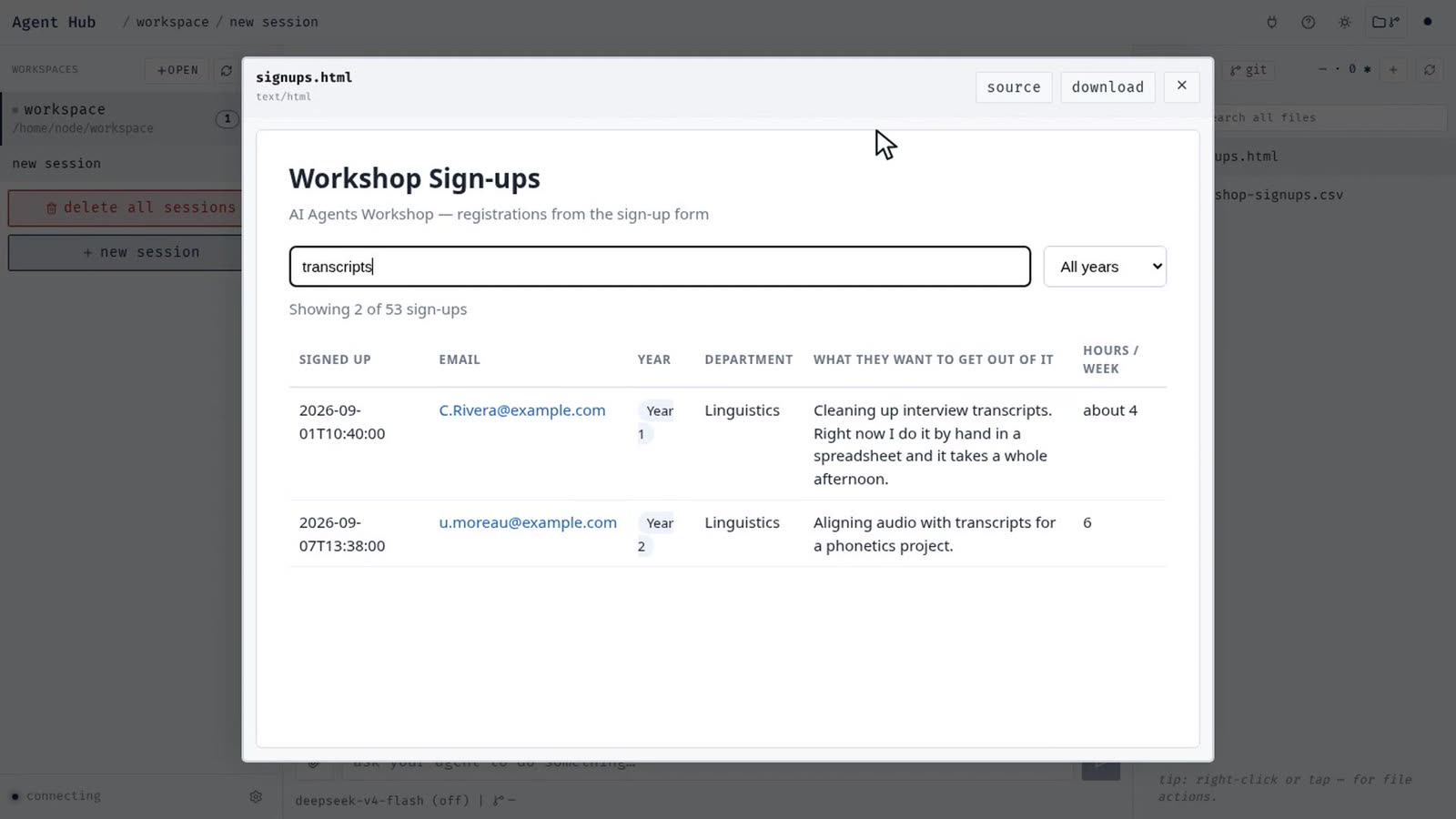 The sign-up page rendered inside the workspace, with a search box showing one person's two entries before the fix.