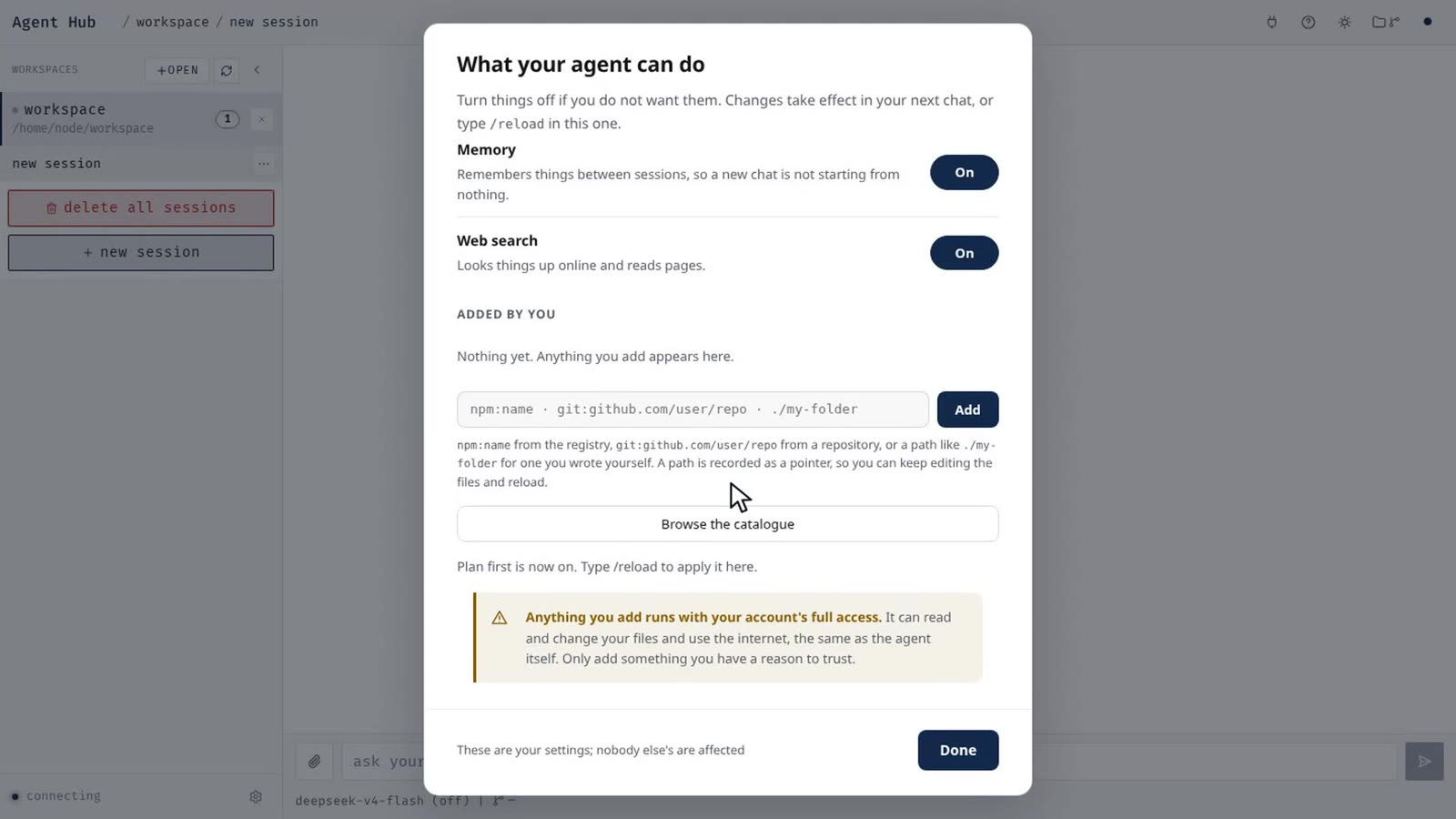 The plugin panel: memory and web search switched on, a field to add more, and a warning that anything added runs with the account's full access.