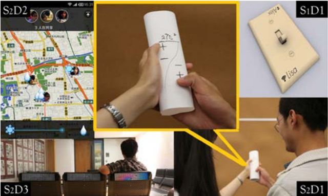 Collage of design study scenes: a map app, a cylinder prototype and people using it