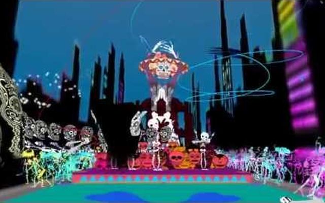 Video still from Dia de los Holos: a colorful virtual stage with skeleton figures