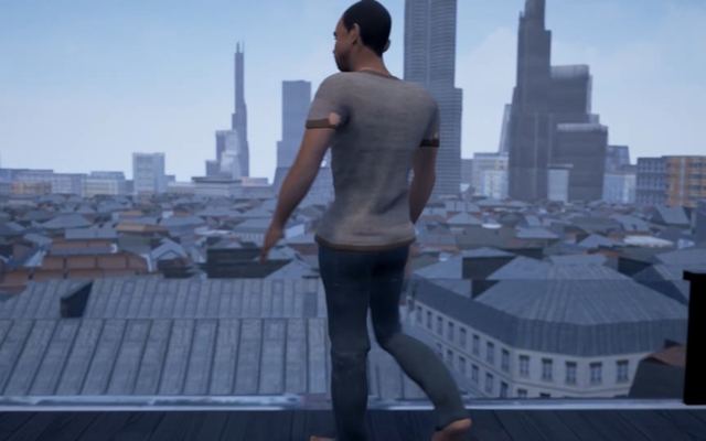 Video still: a motion-captured dancer walking across rooftops of a virtual city