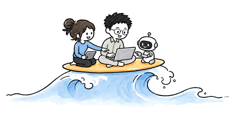 Illustration: two people and a small robot working on a laptop together on a surfboard
