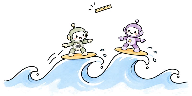Illustration: an open-model robot surfing a wave just behind a closed-model robot, with a ruler measuring the gap