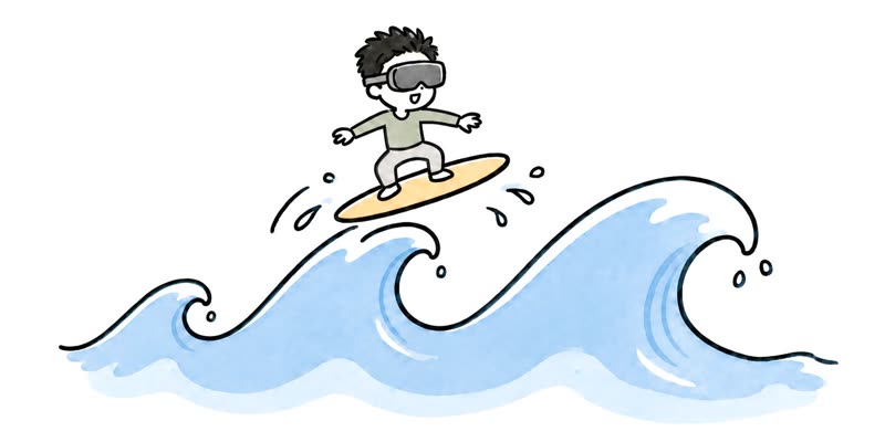 Illustration: a person wearing a headset surfing a wave
