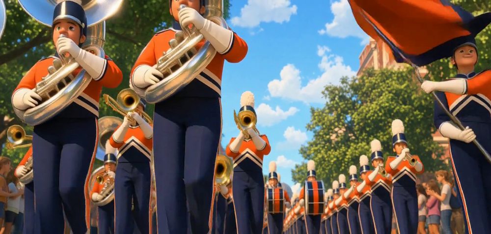 A low-angle animated shot of a marching band whose front-row sousaphone players look alike.
