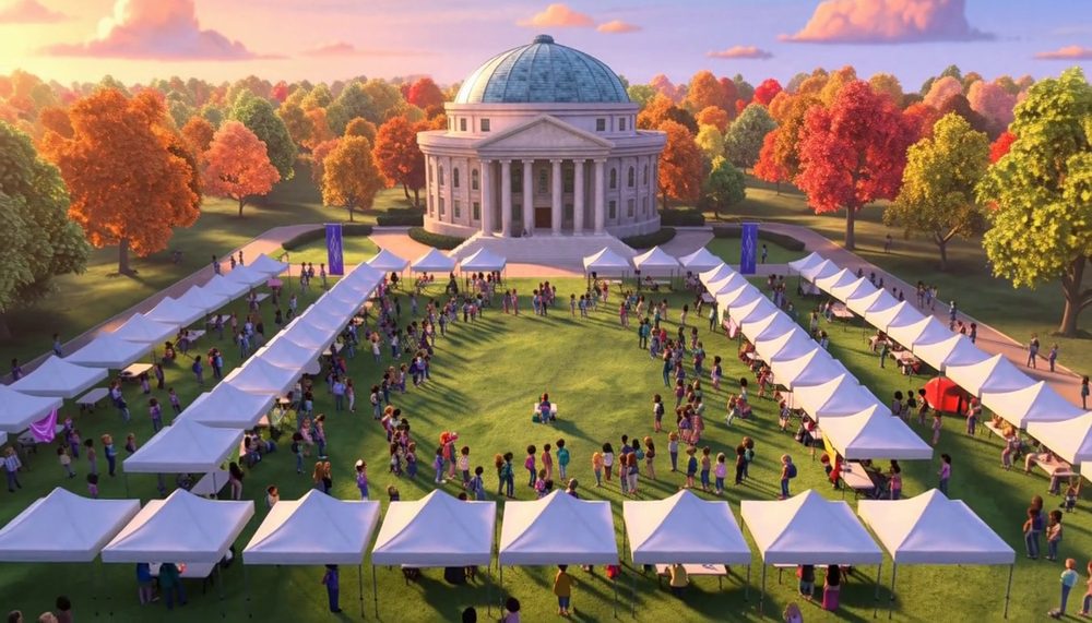 An animated aerial view of a campus lawn lined with identical white tents, ending at a small white domed rotunda among autumn trees.