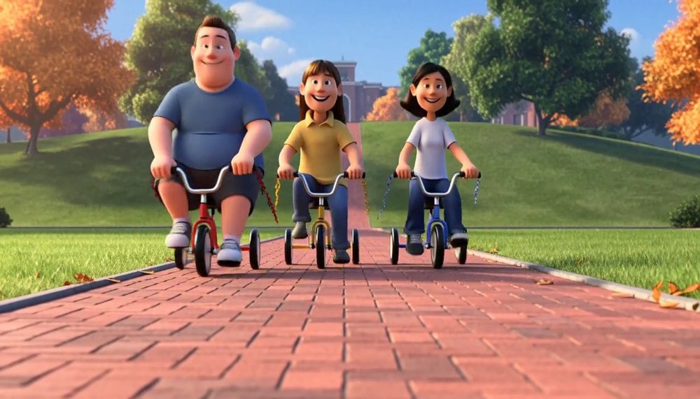 Three animated students on tricycles riding down a red brick path between lawns with autumn trees.