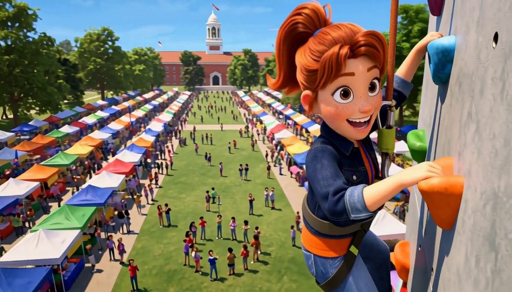 Nora on a climbing wall looking down at a lawn lined by two long mirrored rows of colourful tents along a central avenue.