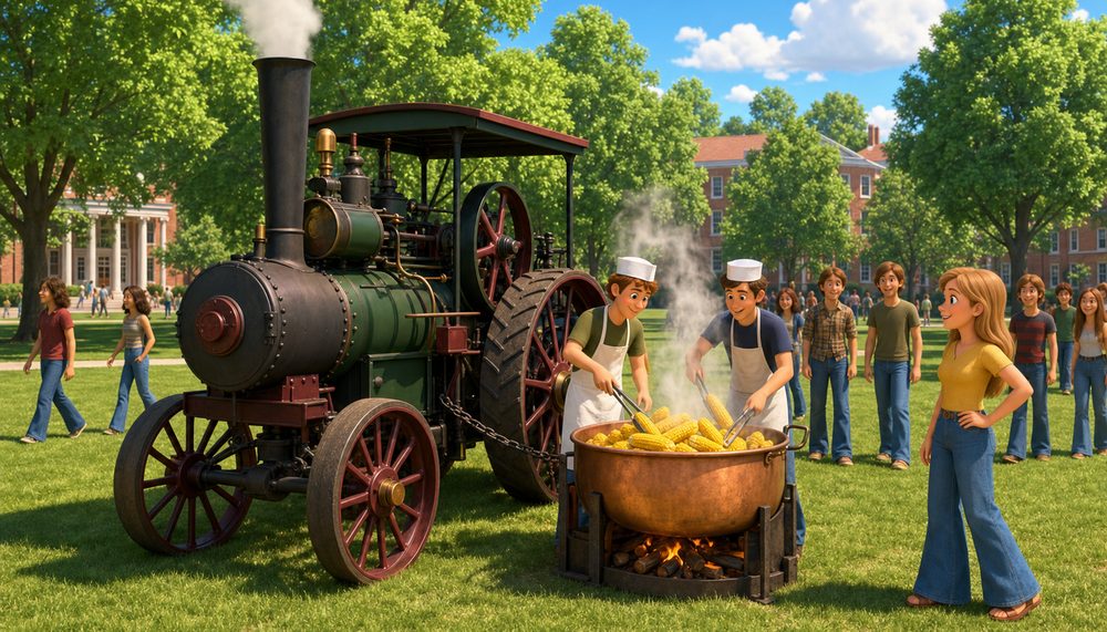 A clean, saturated animated still of a 1923 steam traction engine beside a copper kettle of corn on the Quad, with students in 1970s clothes.