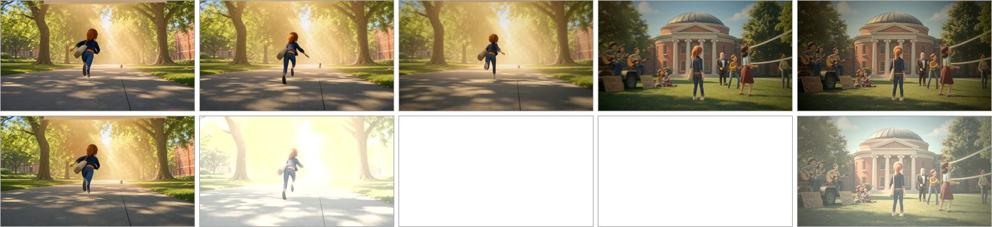 Two rows of five frames. Top row: a girl running toward a patch of sunlight, then an abrupt cut to a 1970s scene in front of a domed building. Bottom row: the same frames, where the light swells to full white before the 1970s scene fades in.
