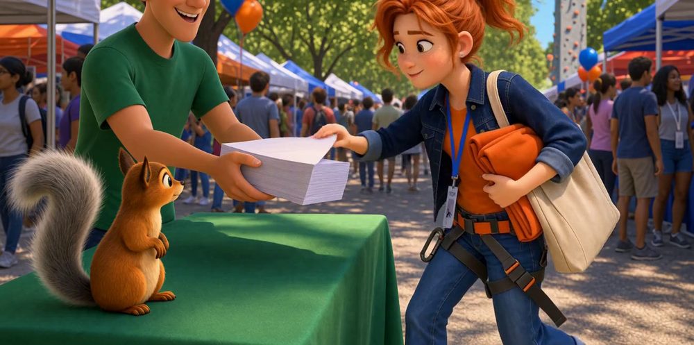 An orange fox squirrel sitting on a green table beside a volunteer handing a flyer to Nora.