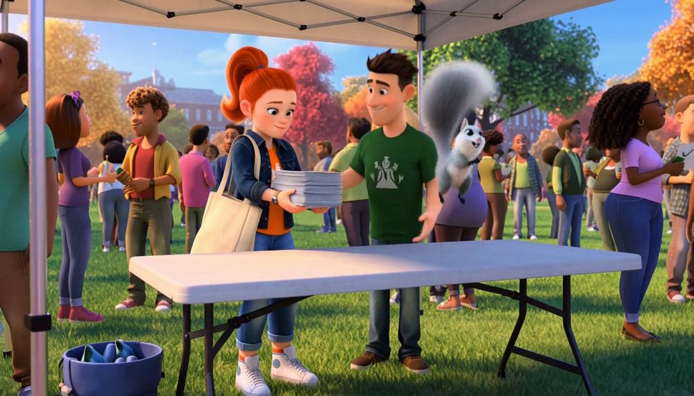 An animated grey and white squirrel perched by a student at a sign-up table under a tent.