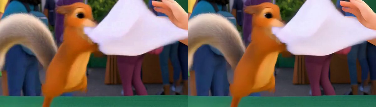 Two crops of the same frame of a squirrel snatching a flyer, the right one slightly sharper in the fur and the paper edges.