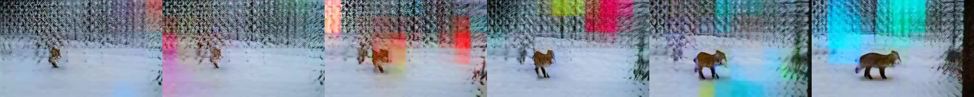 Six frames from the 320x192 clip, each carrying saturated colour blocks