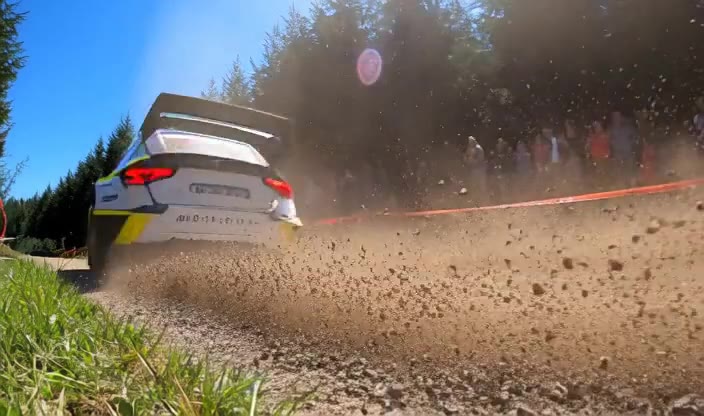 A frame from a generated clip: a rally car throwing gravel past a crowd on a forest stage