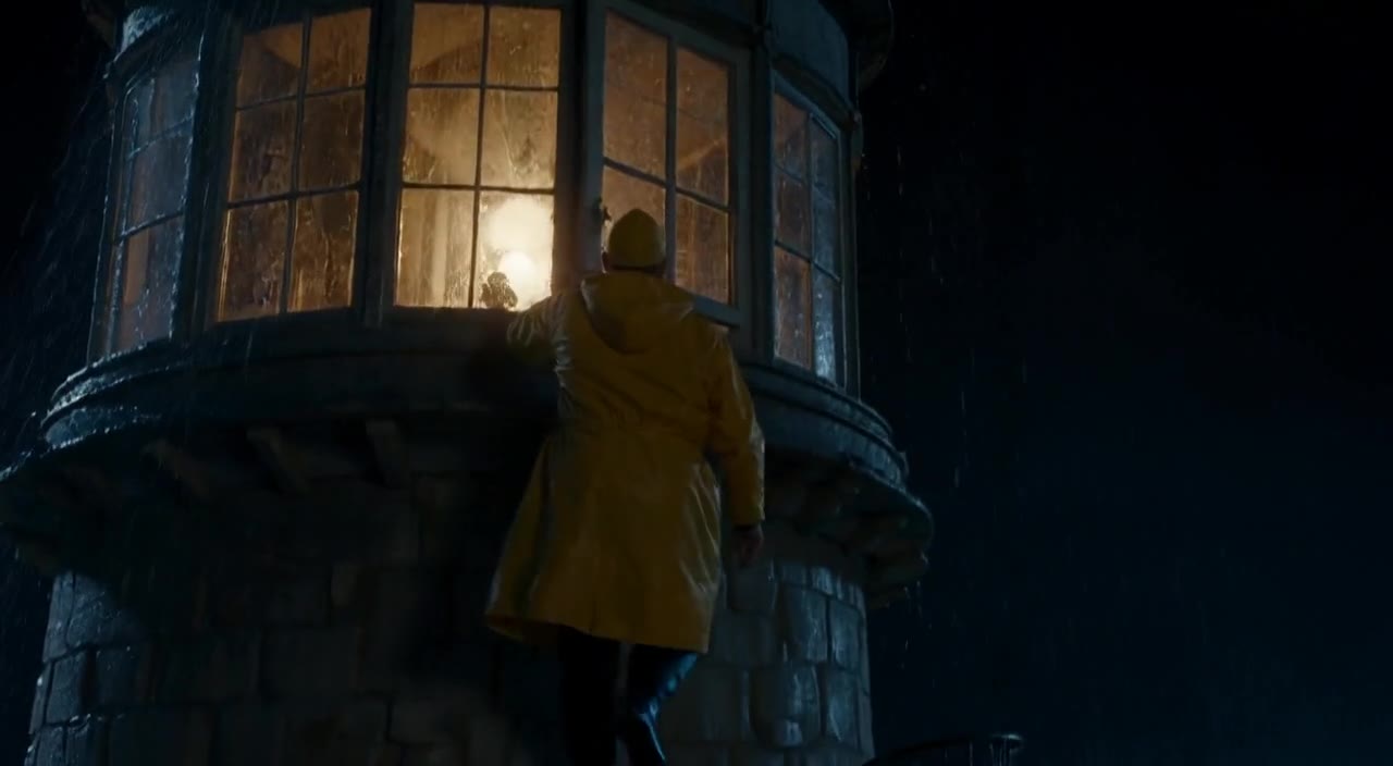 A frame from a generated clip: a lighthouse keeper climbing to a lit lantern room at night