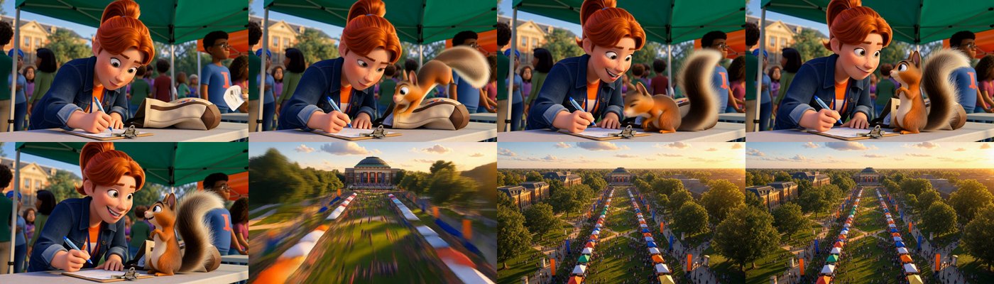 Eight frames from the final segment of the film, in two rows: a red-haired student signing a clipboard under a green tent while a squirrel returns a flyer, then a crane shot rising over rows of tents along the quad.