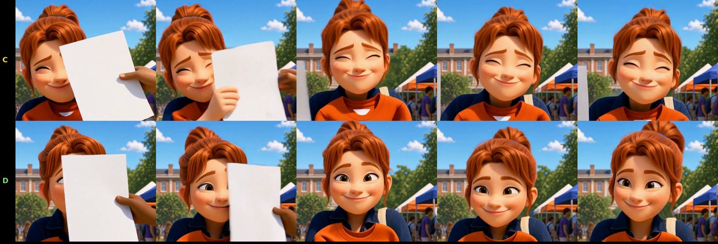 Two rows of five frames of the same animated character at the same moment. In the top row her eyes are squeezed shut and her inner brows are raised; in the bottom row her eyes are open and looking around and her brows are level.